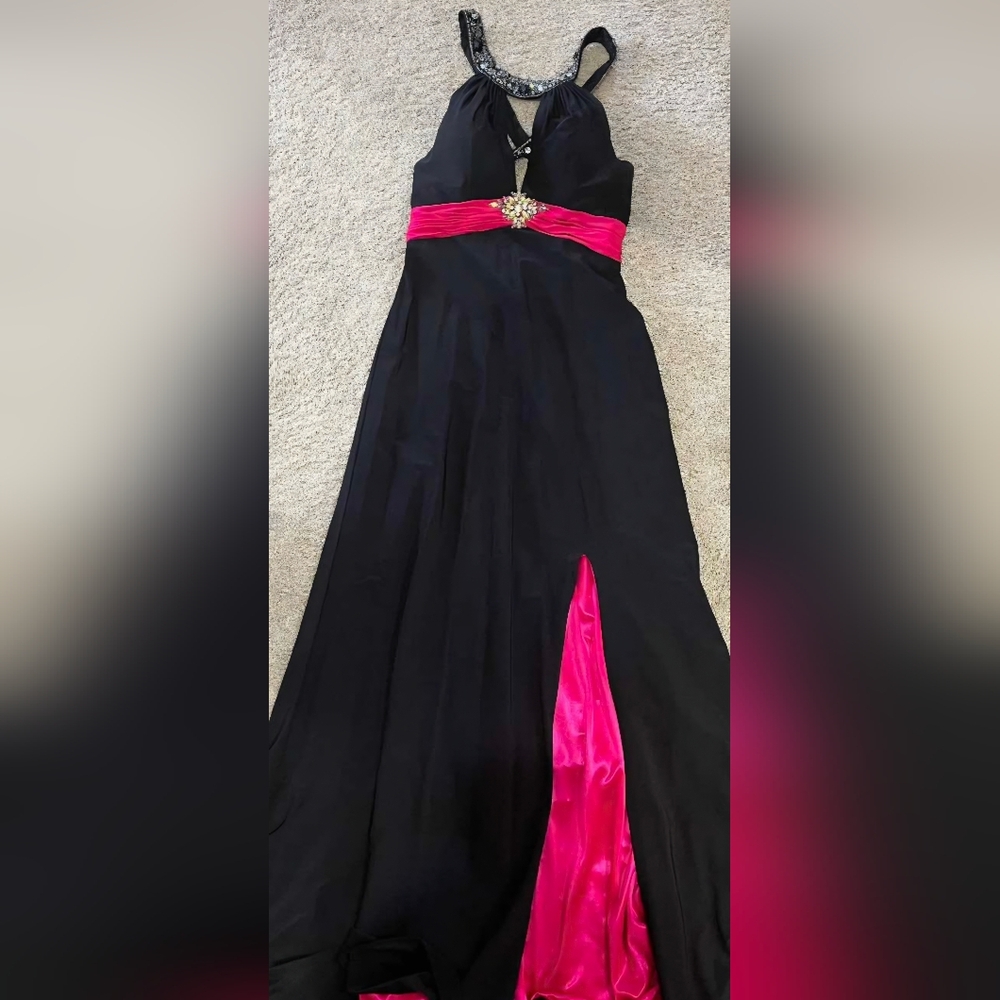 Alyce Designs Black Formal Dress with Pink Waistband and Embellished Neckline - Picture 2 of 4